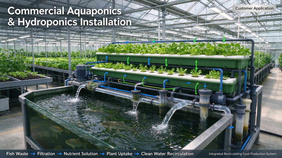Jinwa PSA-20000 variable-speed pond pump application for aquaponics and hydroponics in Germany