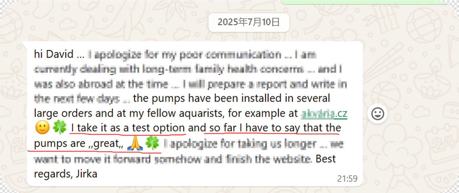 Czech customer feedback on the Jinwa VPF-8000 DC aquarium return pump