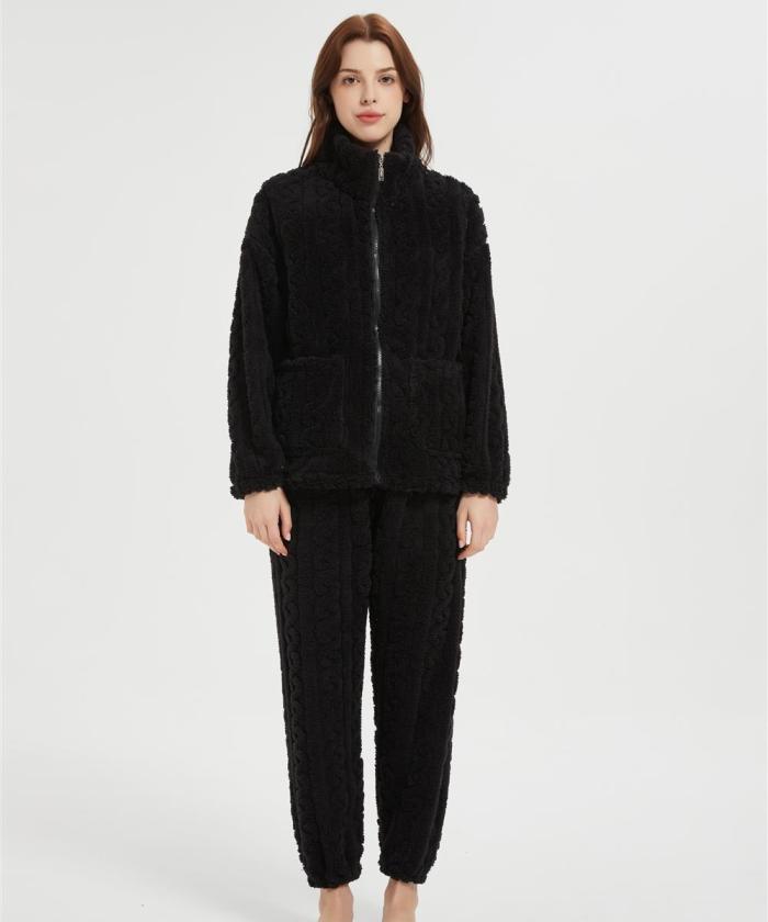 OEM Women's 2 Pcs Fluffy Pajamas Set  | Velveteen Warm Zipper Sleepwear Loungewear