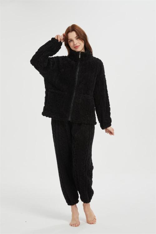 OEM Women's 2 Pcs Fluffy Pajamas Set  | Velveteen Warm Zipper Sleepwear Loungewear