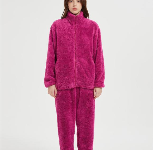 OEM Women's 2 Pcs Fluffy Pajamas Set  | Custom Velveteen Warm Zipper Sleepwear Loungewear