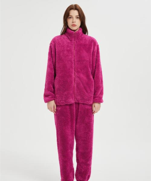OEM Women's 2 Pcs Fluffy Pajamas Set  | Custom Velveteen Warm Zipper Sleepwear Loungewear