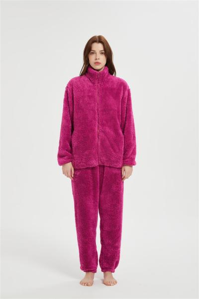 OEM Women's 2 Pcs Fluffy Pajamas Set  | Custom Velveteen Warm Zipper Sleepwear Loungewear