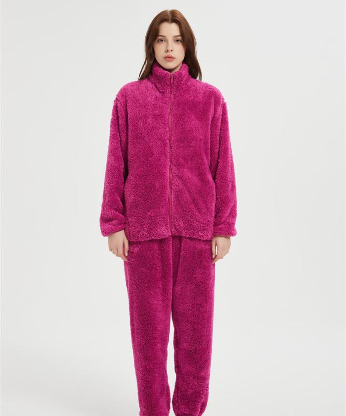 OEM Women's 2 Pcs Fluffy Pajamas Set | Custom Velveteen Warm Zipper Sleepwear Loungewear