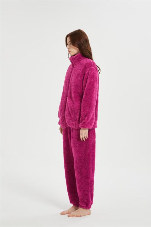 OEM Women's 2 Pcs Fluffy Pajamas Set  | Custom Velveteen Warm Zipper Sleepwear Loungewear