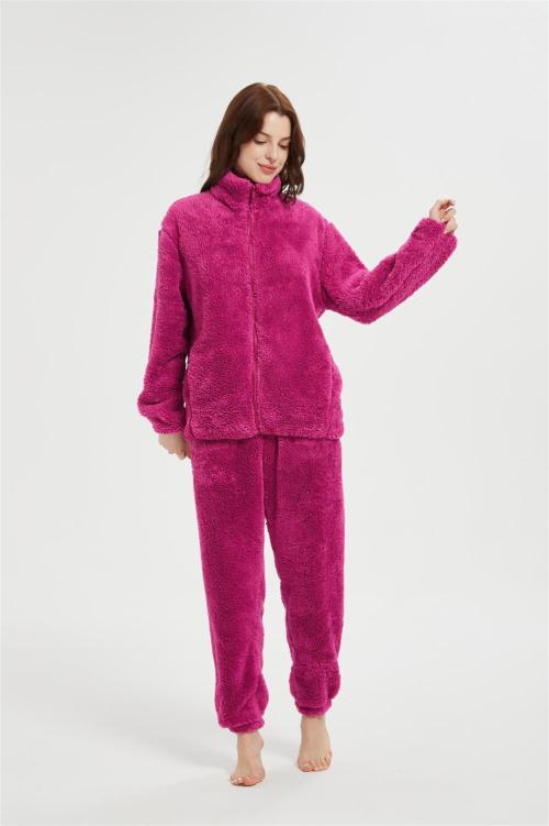 OEM Women's 2 Pcs Fluffy Pajamas Set  | Custom Velveteen Warm Zipper Sleepwear Loungewear