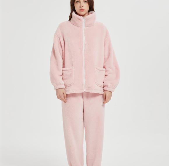 Custom Women's 2 Pcs Fluffy Pajamas Set  | Velveteen Warm Zipper Sleepwear Loungewear Manufacturer