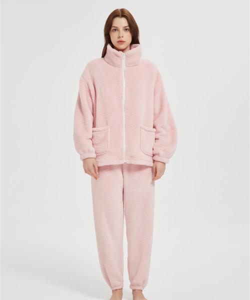 Custom Women's 2 Pcs Fluffy Pajamas Set  | Velveteen Warm Zipper Sleepwear Loungewear Manufacturer