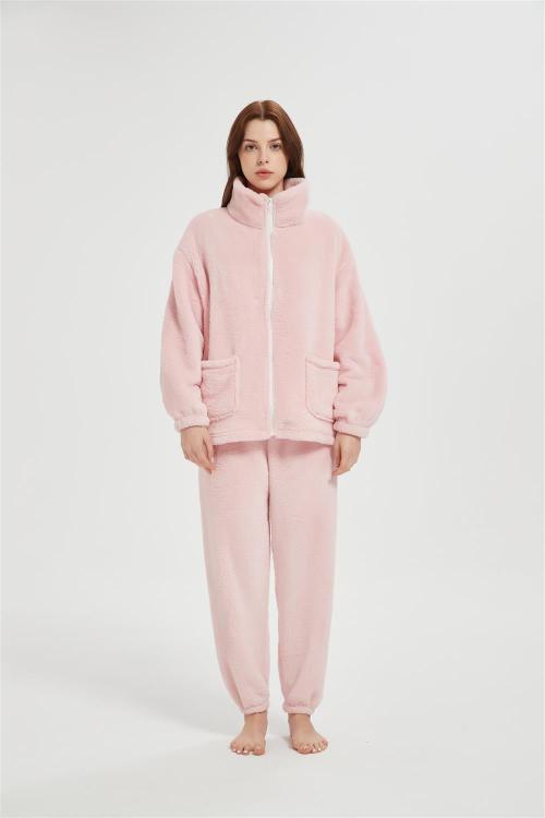 Custom Women's 2 Pcs Fluffy Pajamas Set  | Velveteen Warm Zipper Sleepwear Loungewear Manufacturer