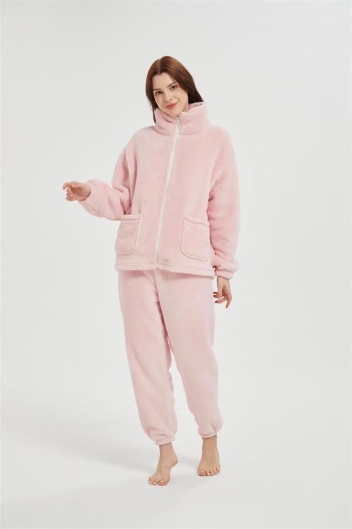 Custom Women's 2 Pcs Fluffy Pajamas Set  | Velveteen Warm Zipper Sleepwear Loungewear Manufacturer