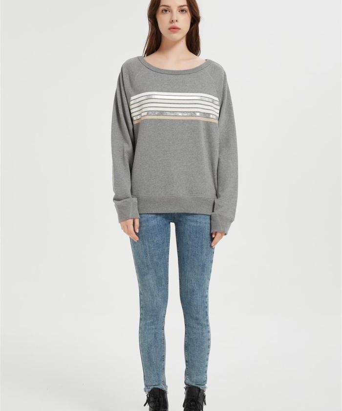 OEM Women's Oversized Striped Sweatshirt | Long Sleeve Crewneck Printed Pullover Manufacturer