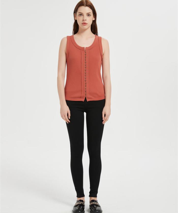 Custom Women's Tank Tops Casual Sleeveless Ribbed Button Down T Shirts From Chinesr Factory