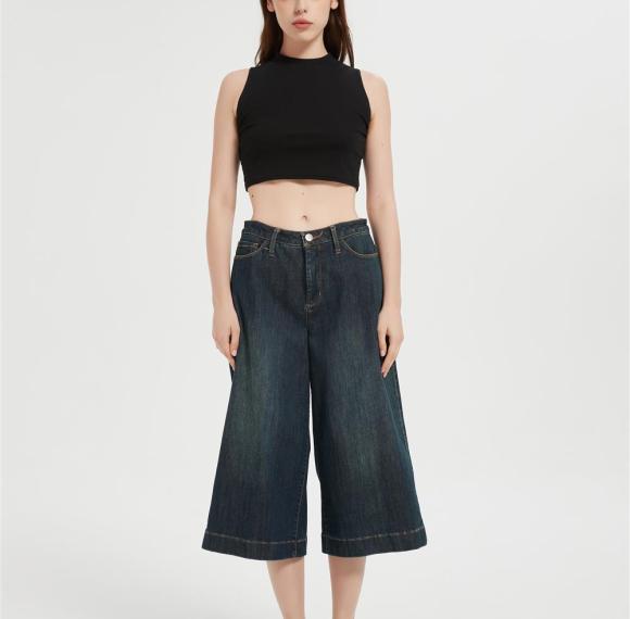 Custom Capri Jeans for Women Wide Leg Stretchy High Waisted Loose Denim Pants