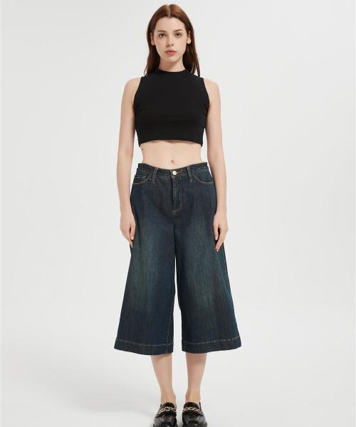 Custom Capri Jeans for Women Wide Leg Stretchy High Waisted Loose Denim Pants