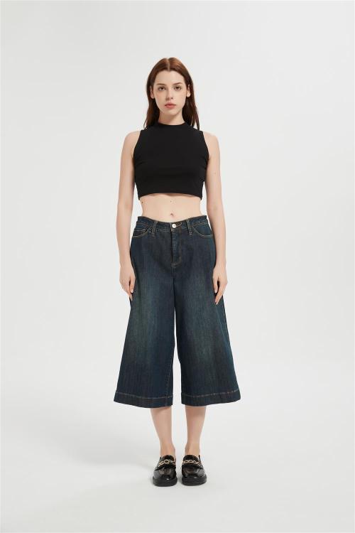 Custom Capri Jeans for Women Wide Leg Stretchy High Waisted Loose Denim Pants