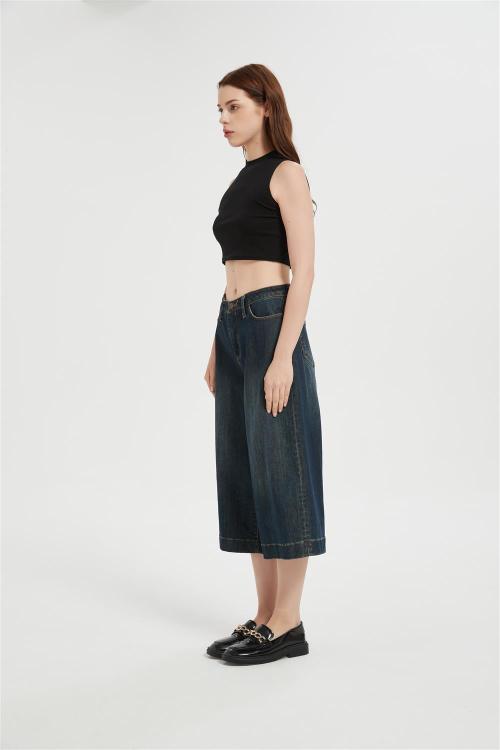 Custom Capri Jeans for Women Wide Leg Stretchy High Waisted Loose Denim Pants