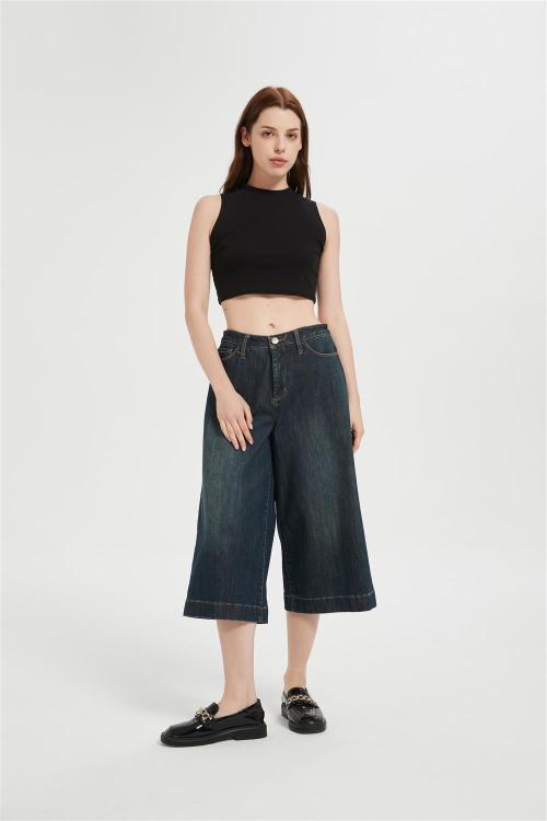 Custom Capri Jeans for Women Wide Leg Stretchy High Waisted Loose Denim Pants