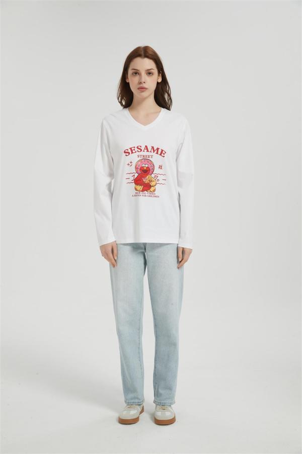 OEM Women's long-sleeved T-shirt | Summer V Neck Digital Printed T-Shirt long sleeved T-shirt