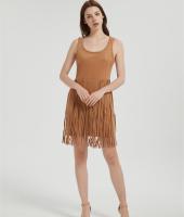 Supplier Women's Suede Dress | Fashion Fall Faux Suede Vintage Round Neck Sleeveless Fringe Dress