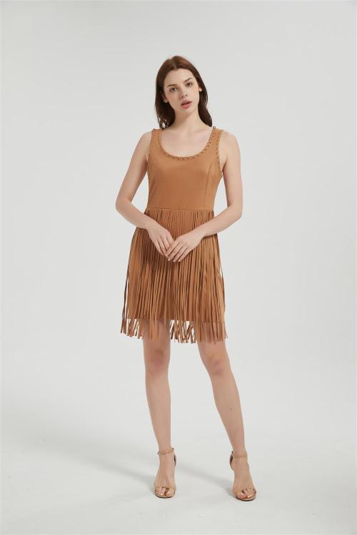 Supplier Women's Suede Dress | Fashion Fall Faux Suede Vintage Round Neck Sleeveless Fringe Dress