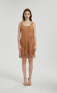 Supplier Women's Suede Dress | Fashion Fall Faux Suede Vintage Round Neck Sleeveless Fringe Dress