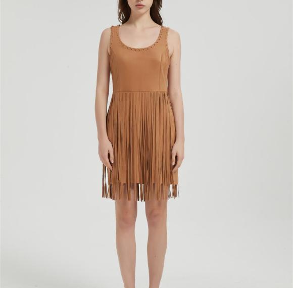 Supplier Women's Suede Dress | Fashion Fall Faux Suede Vintage Round Neck Sleeveless Fringe Dress