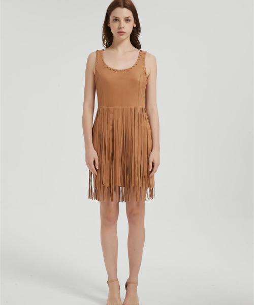 Supplier Women's Suede Dress | Fashion Fall Faux Suede Vintage Round Neck Sleeveless Fringe Dress