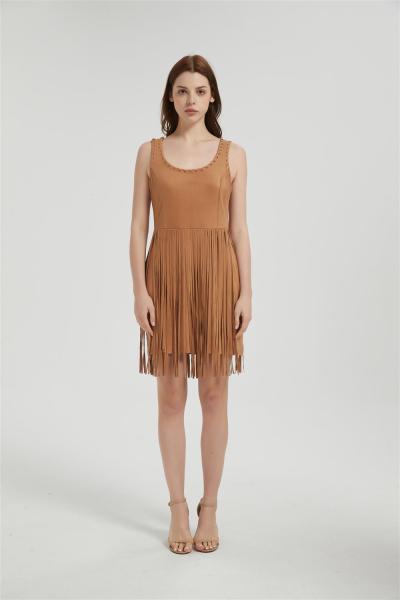 Supplier Women's Suede Dress | Fashion Fall Faux Suede Vintage Round Neck Sleeveless Fringe Dress