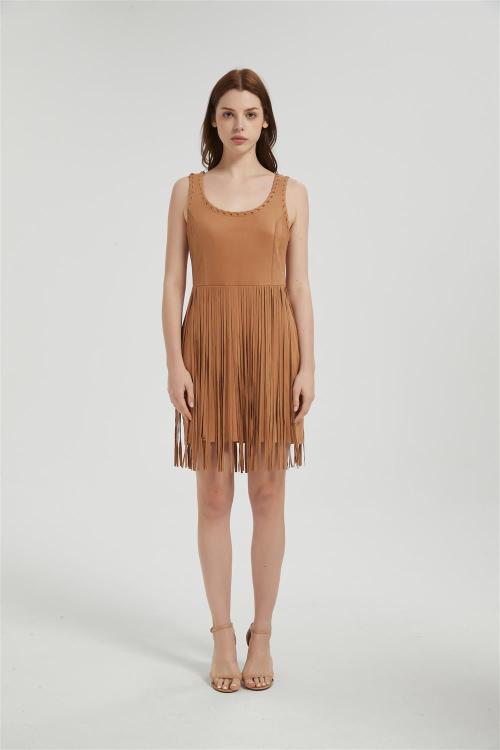 Supplier Women's Suede Dress | Fashion Fall Faux Suede Vintage Round Neck Sleeveless Fringe Dress