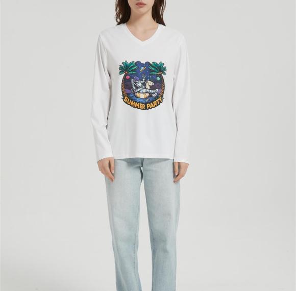 OEM Women's long-sleeved T-shirt | V Neck Digital Printed T-Shirt  | Custom Long Sleeved T-shirt