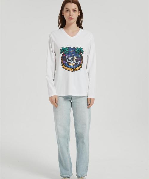 OEM Women's long-sleeved T-shirt | V Neck Digital Printed T-Shirt  | Custom Long Sleeved T-shirt