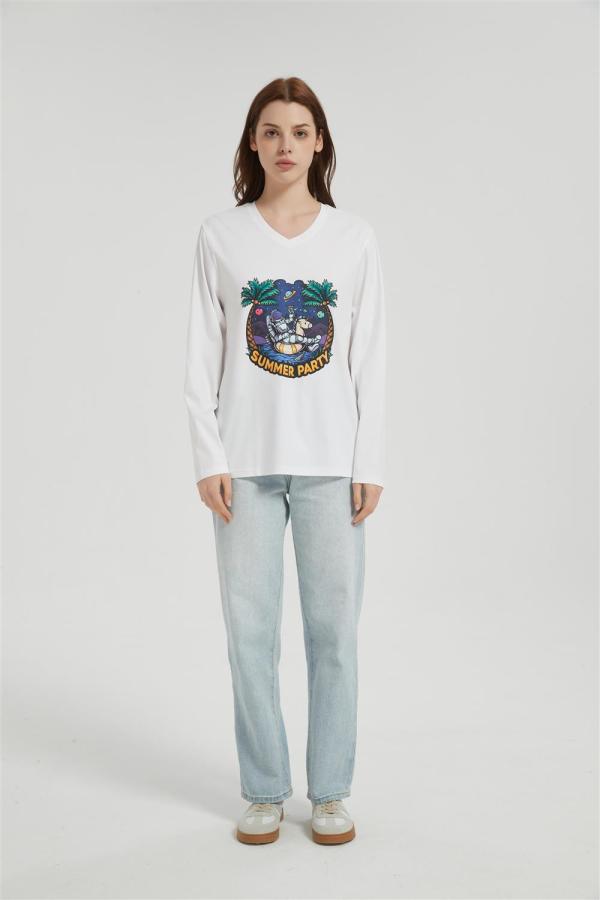 OEM Women's long-sleeved T-shirt | V Neck Digital Printed T-Shirt  | Custom Long Sleeved T-shirt