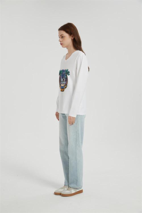 OEM Women's long-sleeved T-shirt | V Neck Digital Printed T-Shirt  | Custom Long Sleeved T-shirt