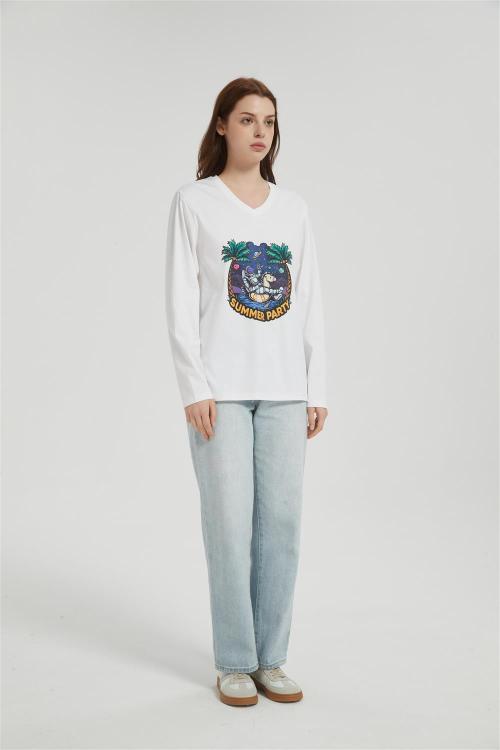 OEM Women's long-sleeved T-shirt | V Neck Digital Printed T-Shirt  | Custom Long Sleeved T-shirt