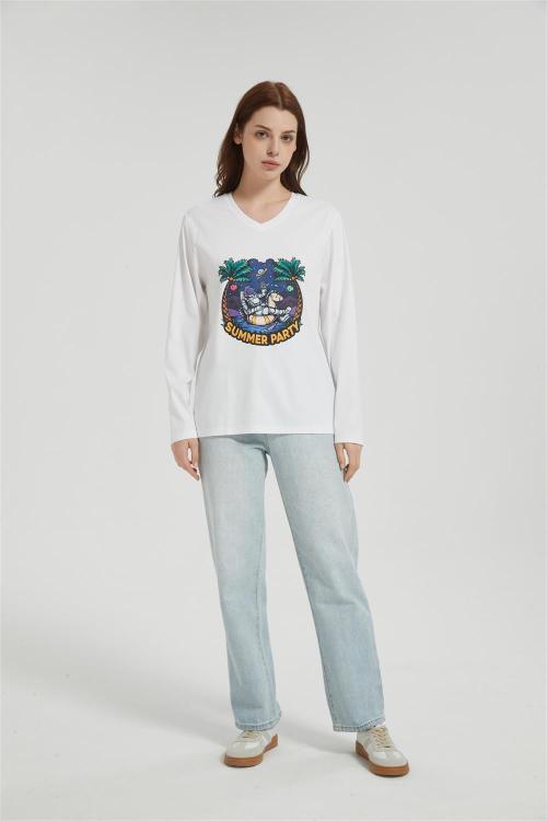 OEM Women's long-sleeved T-shirt | V Neck Digital Printed T-Shirt  | Custom Long Sleeved T-shirt