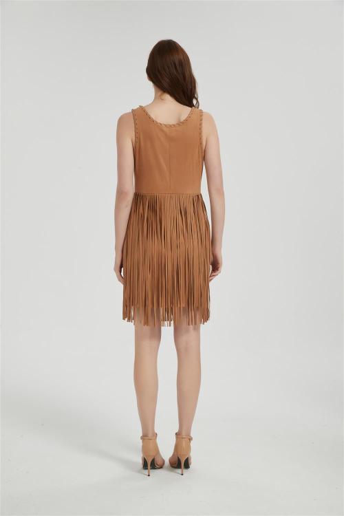 Supplier Women's Suede Dress | Fashion Fall Faux Suede Vintage Round Neck Sleeveless Fringe Dress