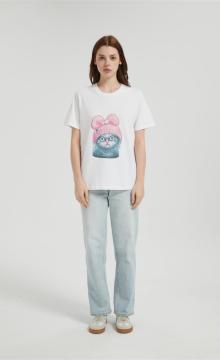 OEM Weomen's Seamless Short-Sleeve T-Shirt | Cute Cat Head Pattern Printing Cotton T-shirt