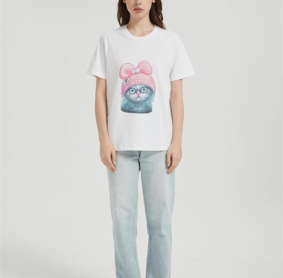 OEM Weomen's Seamless Short-Sleeve T-Shirt | Cute Cat Head Pattern Printing Cotton T-shirt