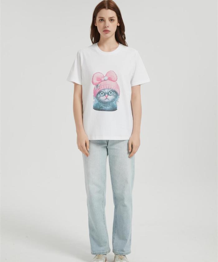 OEM Weomen's Seamless Short-Sleeve T-Shirt | Cute Cat Head Pattern Printing Cotton T-shirt