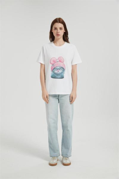 OEM Weomen's Seamless Short-Sleeve T-Shirt | Cute Cat Head Pattern Printing Cotton T-shirt
