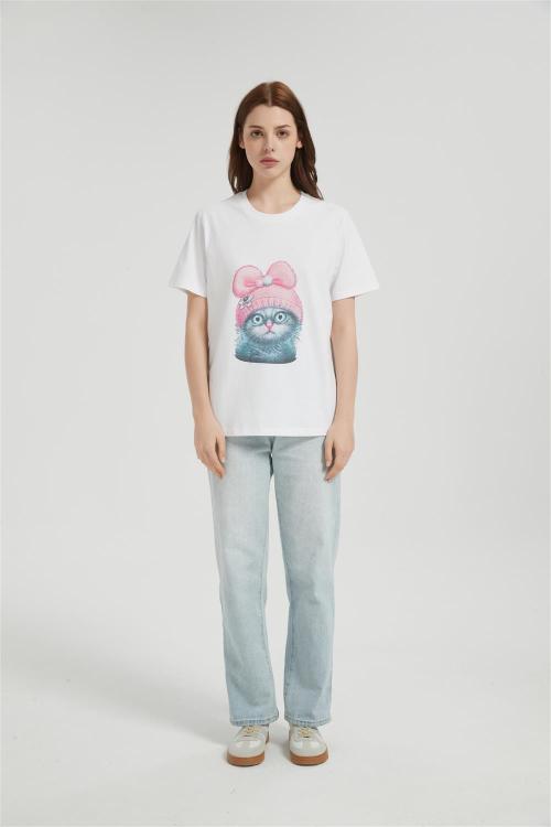 OEM Weomen's Seamless Short-Sleeve T-Shirt | Cute Cat Head Pattern Printing Cotton T-shirt