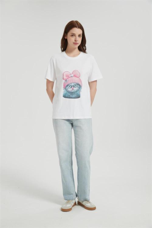 OEM Weomen's Seamless Short-Sleeve T-Shirt | Cute Cat Head Pattern Printing Cotton T-shirt