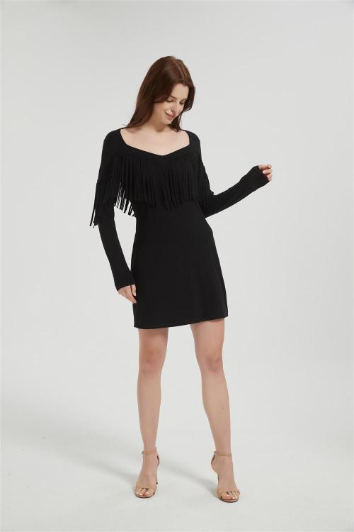 Custom Women's Vintage Western Suede Dress | Faux Suede Long Sleeve Fashion Tassel Top