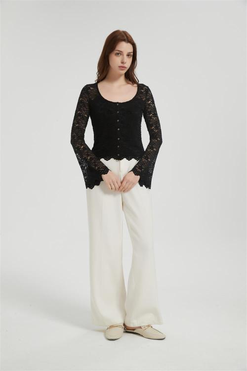 Womens Lace Floral Long Sleeve Mesh Tops | Custom Sheer Blouse Sexy See Through Layering Top Shirts
