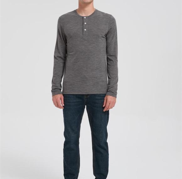 Wholesale Men's Merino Wool Casual Henley Shirt | Heather Gray Long Sleeve T-shirt Manufacturer