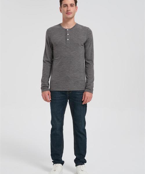 Wholesale Men's Merino Wool Casual Henley Shirt | Heather Gray Long Sleeve T-shirt Manufacturer
