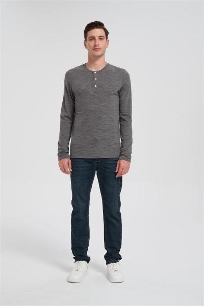 Wholesale Men's Merino Wool Casual Henley Shirt | Heather Gray Long Sleeve T-shirt Manufacturer