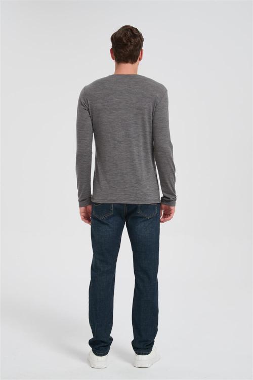 Wholesale Men's Merino Wool Casual Henley Shirt | Heather Gray Long Sleeve T-shirt Manufacturer