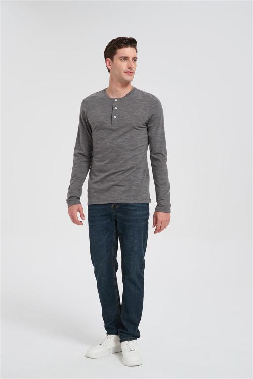 Wholesale Men's Merino Wool Casual Henley Shirt | Heather Gray Long Sleeve T-shirt Manufacturer