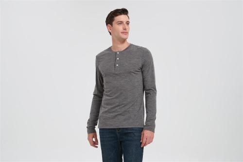 Wholesale Men's Merino Wool Casual Henley Shirt | Heather Gray Long Sleeve T-shirt Manufacturer
